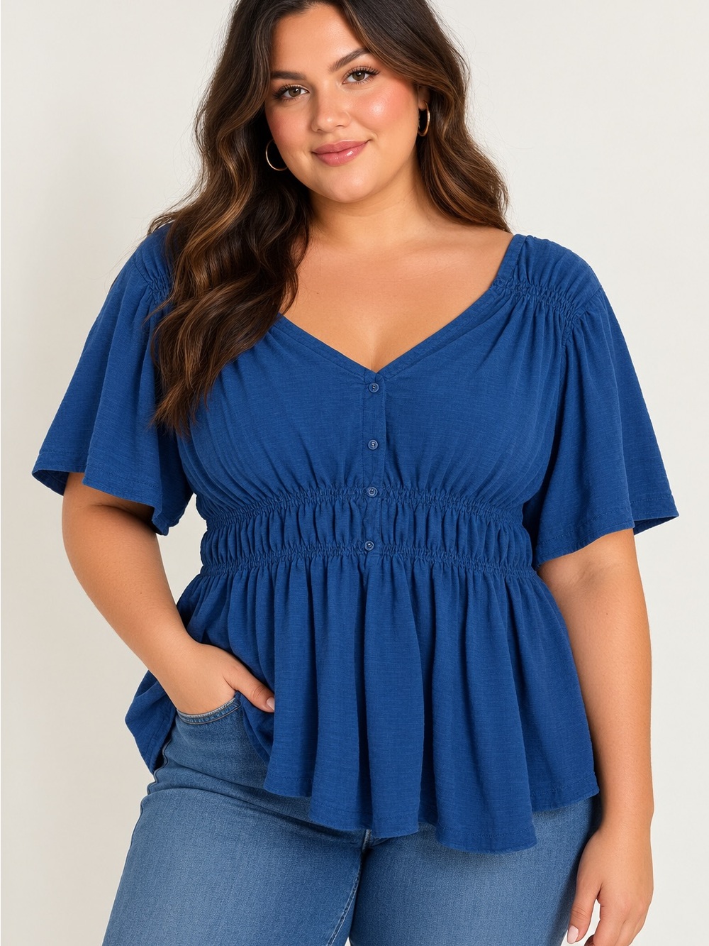 Jane + Delancey Blue Smocked Waist Feminine Casual Boho Blouse Size 1X